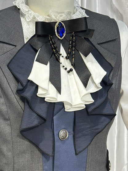 Elegant Jabot Bowtie with Blue Gem and Bead Detail