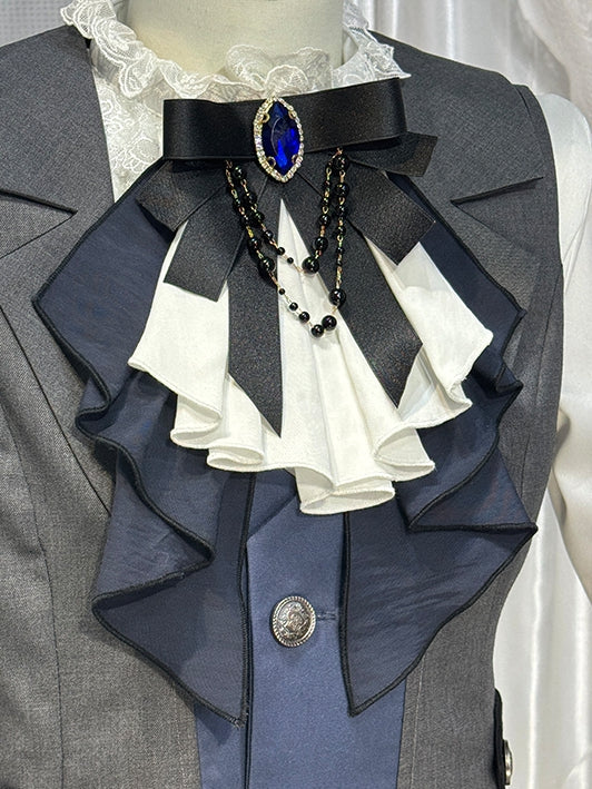 Elegant Jabot Bowtie with Blue Gem and Bead Detail