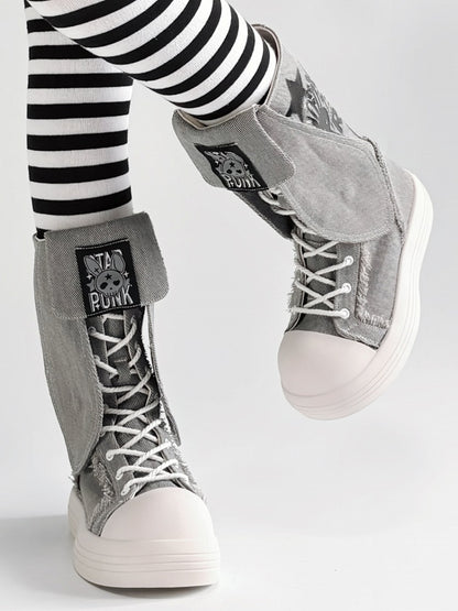 Bunny Ear Details, Raw Hem & Secure Fastening Gray Mid-Calf Boots in Punk Style