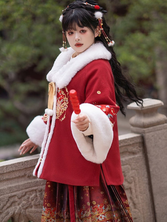 Plus Size New Year Red Embroidered Coat with Plush Collar and Cuffs