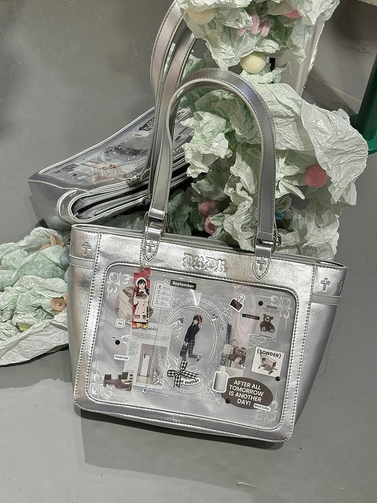 Silver Cross Detail Ita Shoulder Bag with Detachable Butterfly Charm Chain