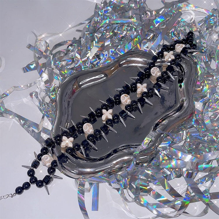 White Punk Skulls and Crosses Black Beads Studs Choker