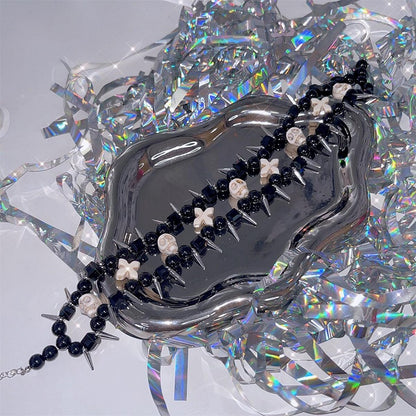 White Punk Skulls and Crosses Black Beads Studs Choker