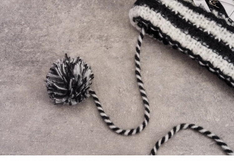 Heart Buckles Gothic Black and White Striped Knitted Hat with Chain