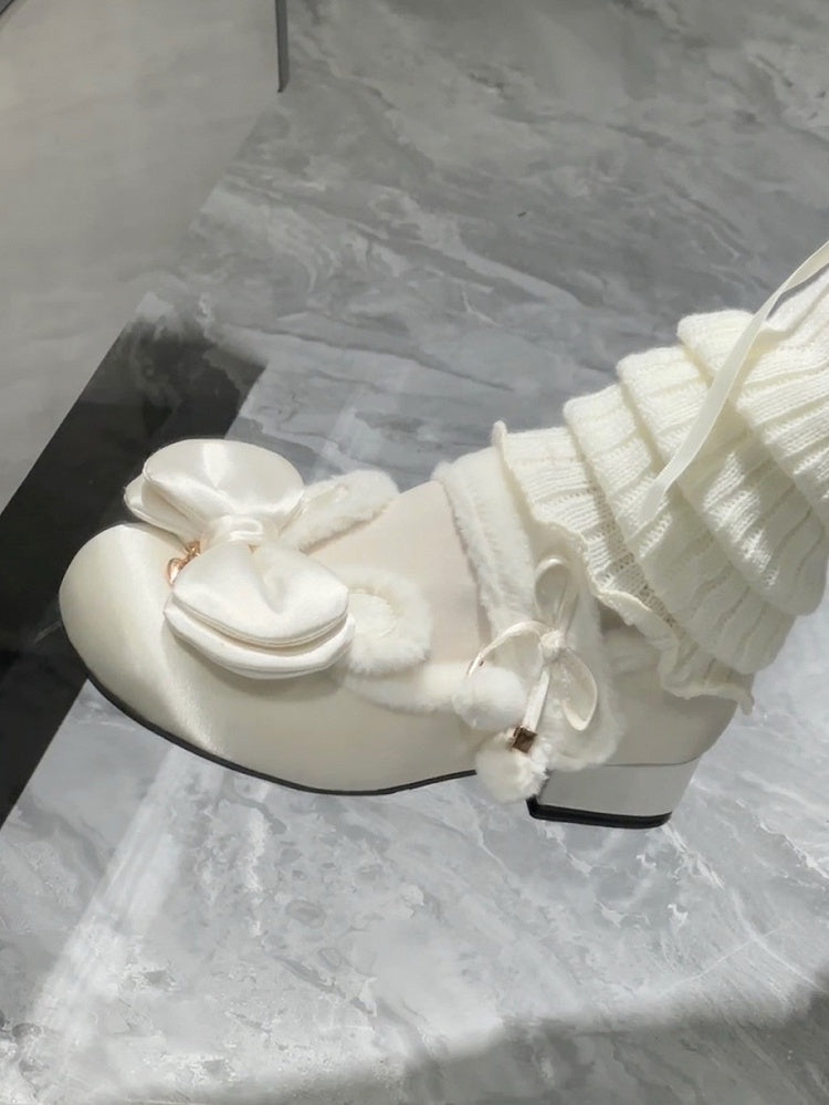 White Sweet Lolita Heart Charm Plush Bunny Ear Bow at Top Round Toe Shoes