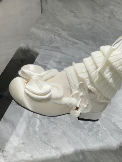 White Sweet Lolita Heart Charm Plush Bunny Ear Bow at Top Round Toe Shoes
