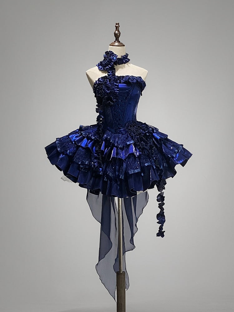 Clearance-Size S for Bust 80-90CM Klein Blue Roses Neckline Lolita Goth Boning Dress Sequins Tiered Puffy Dress