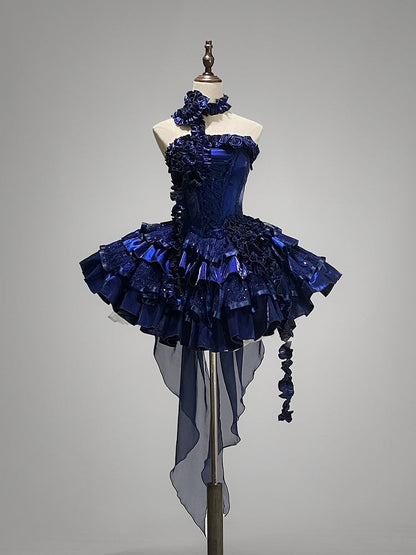 Clearance-Size S for Bust 80-90CM Klein Blue Roses Neckline Lolita Goth Boning Dress Sequins Tiered Puffy Dress