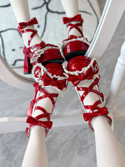 Wine Red Crisscross Design Bunny Ear Bowknot Sweet Lolita 8CM High Block Heels