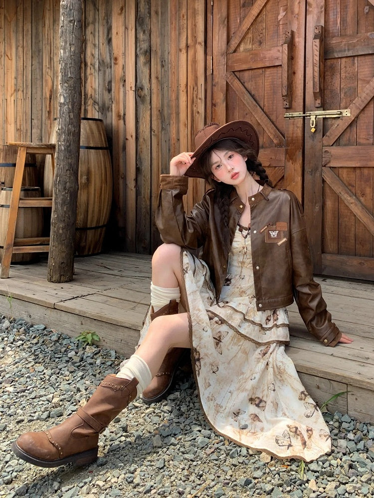 Brown Badge Appliques Vintage PU Jacket for Autumn