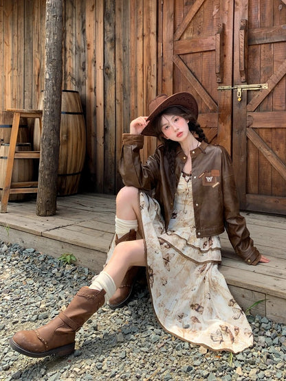 Brown Badge Appliques Vintage PU Jacket for Autumn