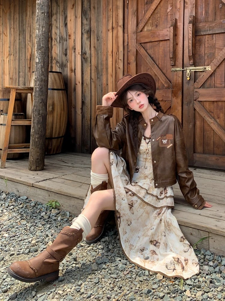 Vintage Butterfly Print Handkerchief Hem Apricot Tie Dye Spaghetti Strap Dress