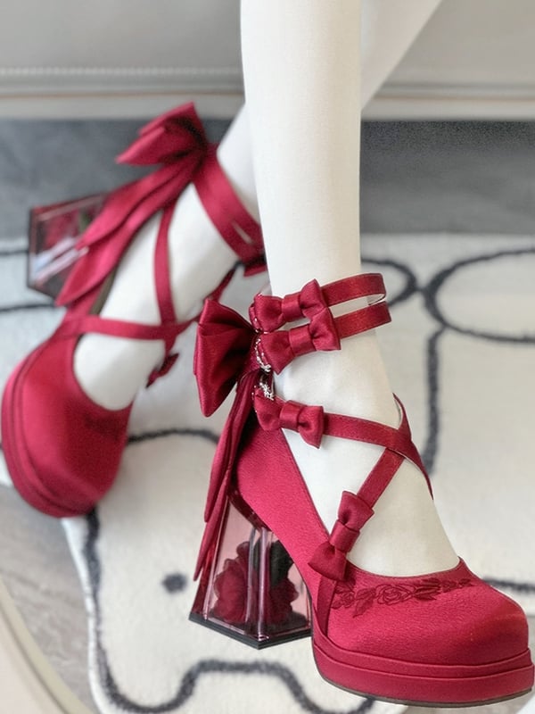Red Camellia Flower High Block Heel Elegant Platform High Heels