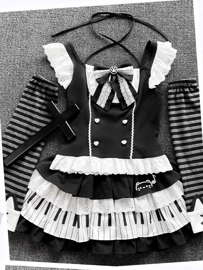 Black and White Flutter Sleeves Halter Top+ Piano Key Design Tiered Skirt + Striped Armwear Set