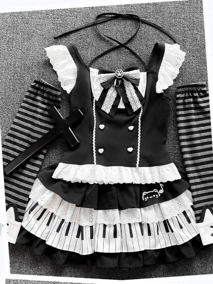 Black and White Flutter Sleeves Halter Top+ Piano Key Design Tiered Skirt + Striped Armwear Set