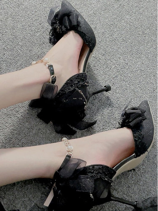 Black 5CM/8CM Heel Pointed Toe Ankle Strap Bow Glittering High Heels with Beaded Chains