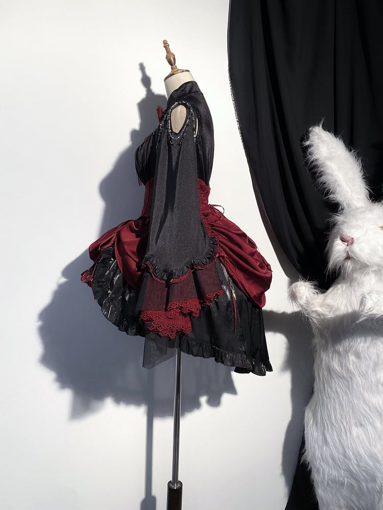 Clearance-Size S for Waist 66CM Boned High Waist Red and Black Gothic Lolita Drawstring High-low Skirt