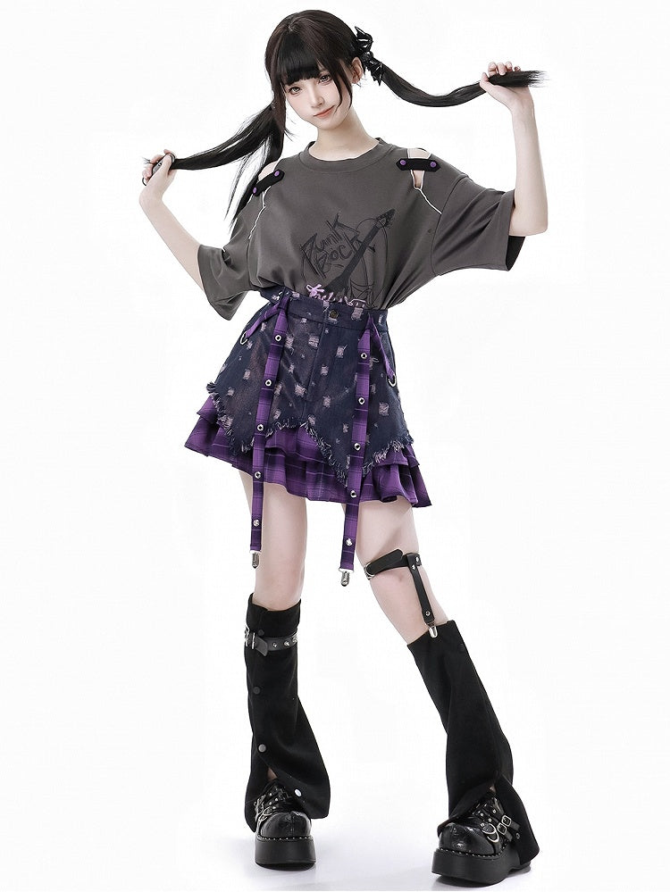 Y2K Purple Plaid Hem Distressed Holes Tie Dye Denim Skirt