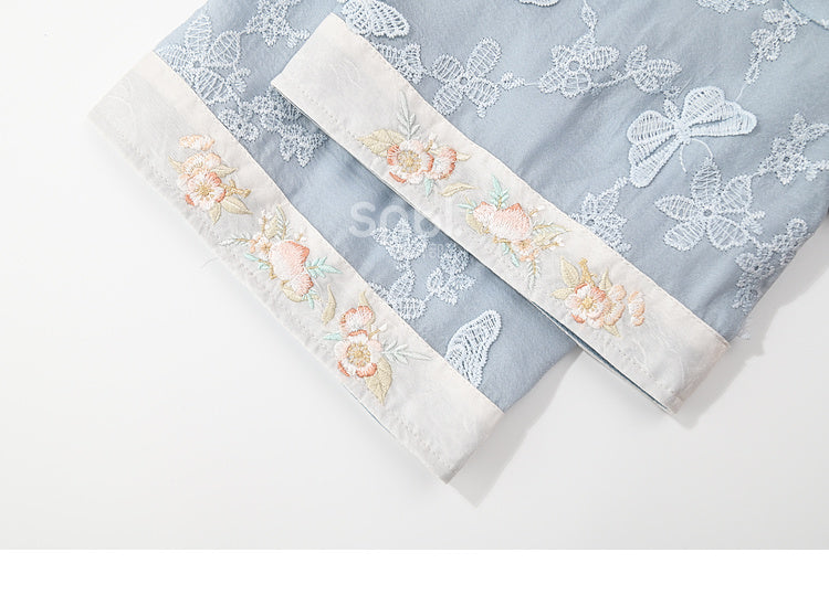 Butterfly Design Blue Floral Embroidery Long Sleeves Top Tassels Hem