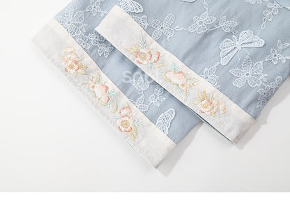 Butterfly Design Blue Floral Embroidery Long Sleeves Top Tassels Hem