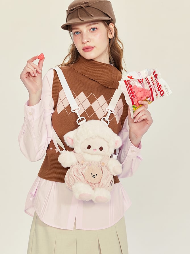 White&Pink Cute Plush Lamb Backpack + Overall Pants Middle/Large Size