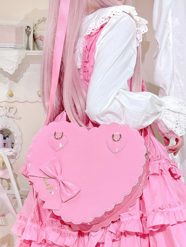 Barbie Pink Sweet Lolita 2-Way Bag in PU Leather - Heart-shaped Design, Bow Accents & Zip Closure