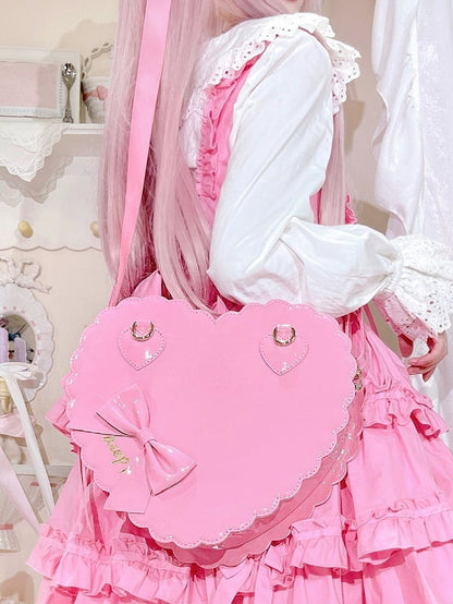 Barbie Pink Sweet Lolita 2-Way Bag in PU Leather - Heart-shaped Design, Bow Accents & Zip Closure