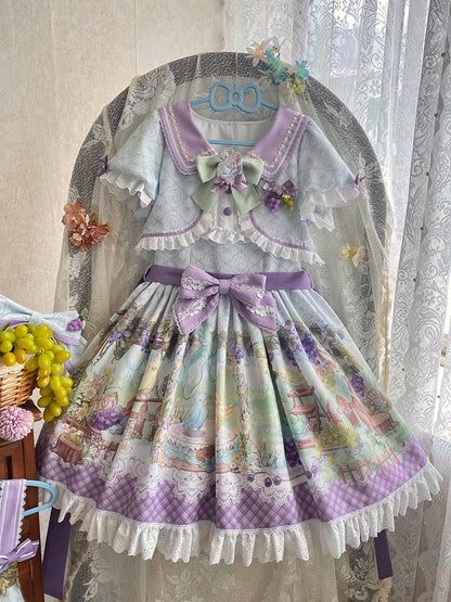 Cute Parrot and Grapes Print Sweet Lolita Short Sleeves Dress Fake Two-pieces Design