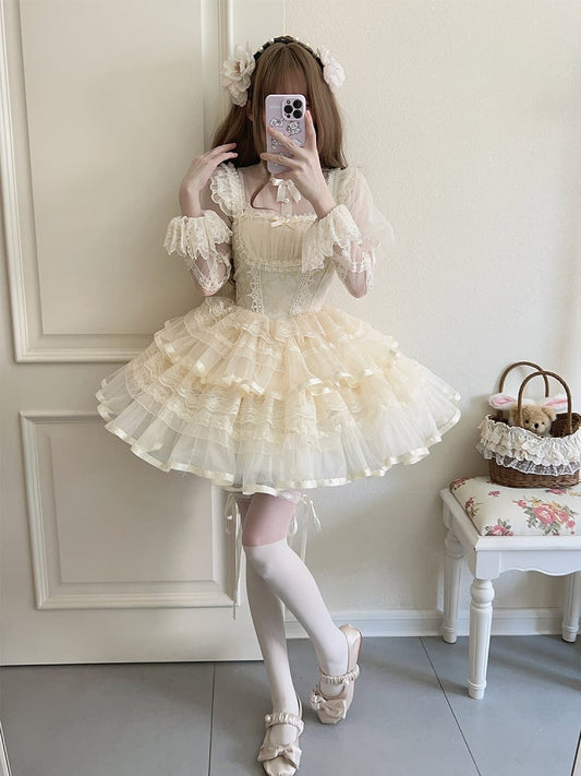 Apricot Bows Print Basque Waist Balletcore Lolita Jumper Skirt