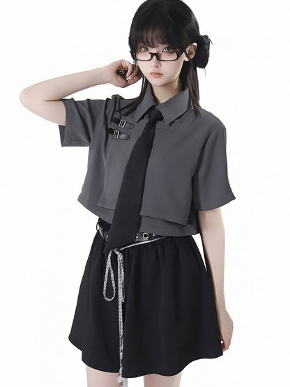 White/Gray Leather Buckles Cheongsam Style Short Sleeves Cropped Shirt with Tie