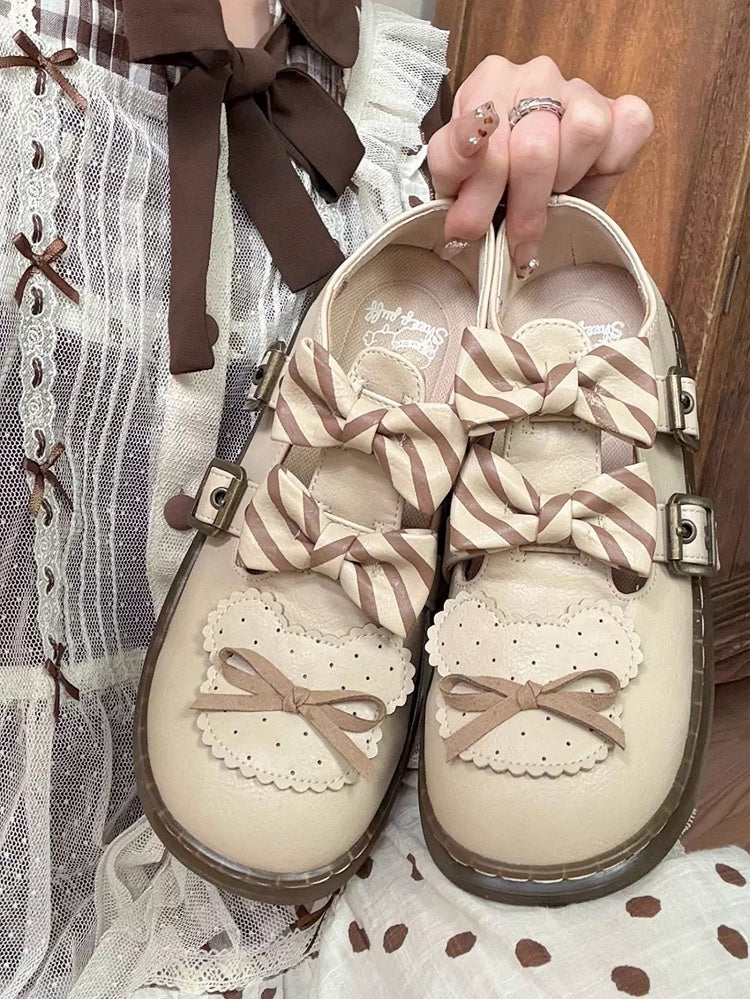 Beige Striped Pattern Bowknot Details Bear Design Lolita Flats