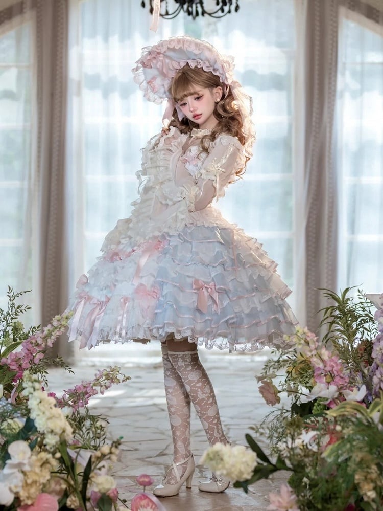 Blue and Pink Bow Accents Tiered Skirt Hanayome Hime Lolita Jumper Skirt
