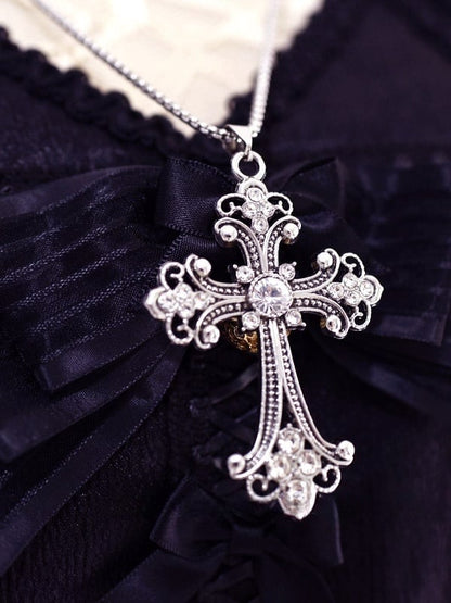 Punk Gothic Silver Baroque Rhinestoned Cross Pendant Necklace