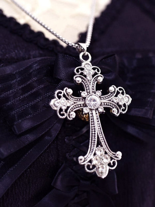 Punk Gothic Silver Baroque Rhinestoned Cross Pendant Necklace