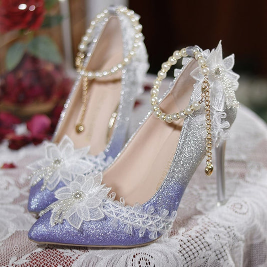 Purple Glittering Floral Detachable Beaded Chain 7CM/9CM Hime Lolita High Heels