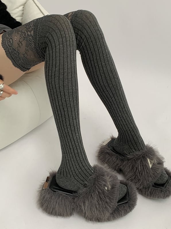 White/Black/Dark Gray/Beige/Light Gray Lace Trim Knitted Over-knee Stockings