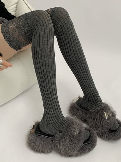 White/Black/Dark Gray/Beige/Light Gray Lace Trim Knitted Over-knee Stockings