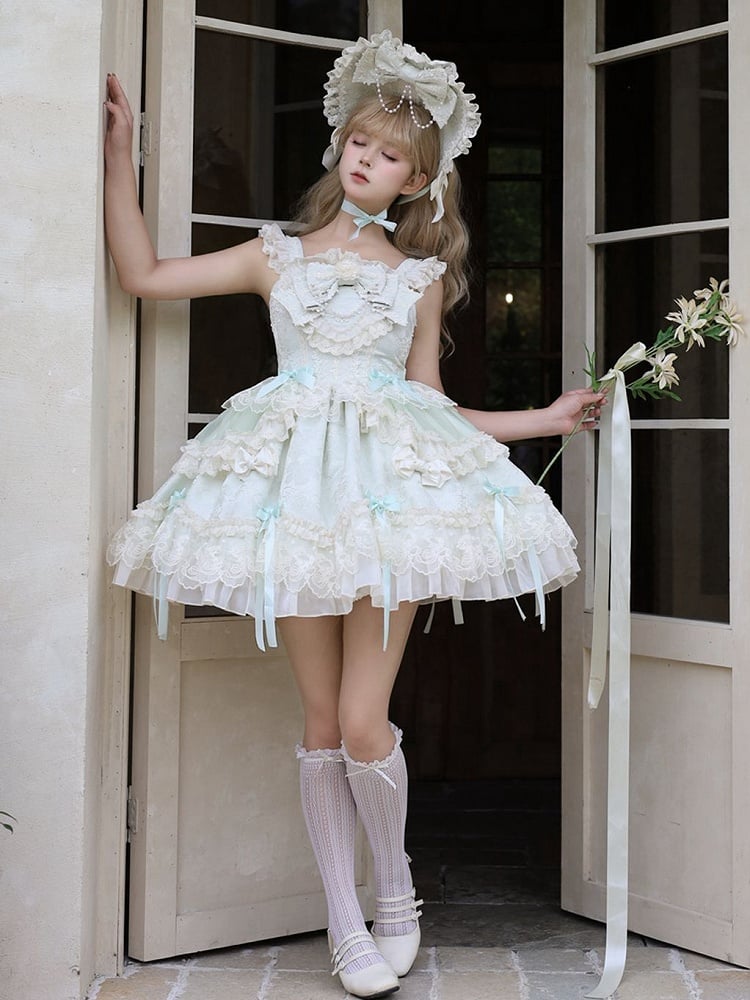 Light Green Jacquard Fabric Sweet Bow Accents Dress Lolita Jumper Skirt
