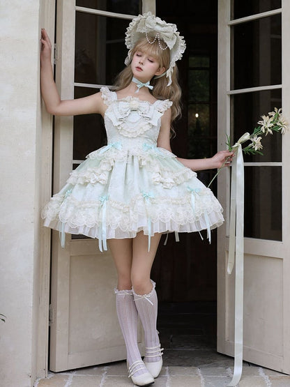 Light Green Jacquard Fabric Sweet Bow Accents Dress Lolita Jumper Skirt