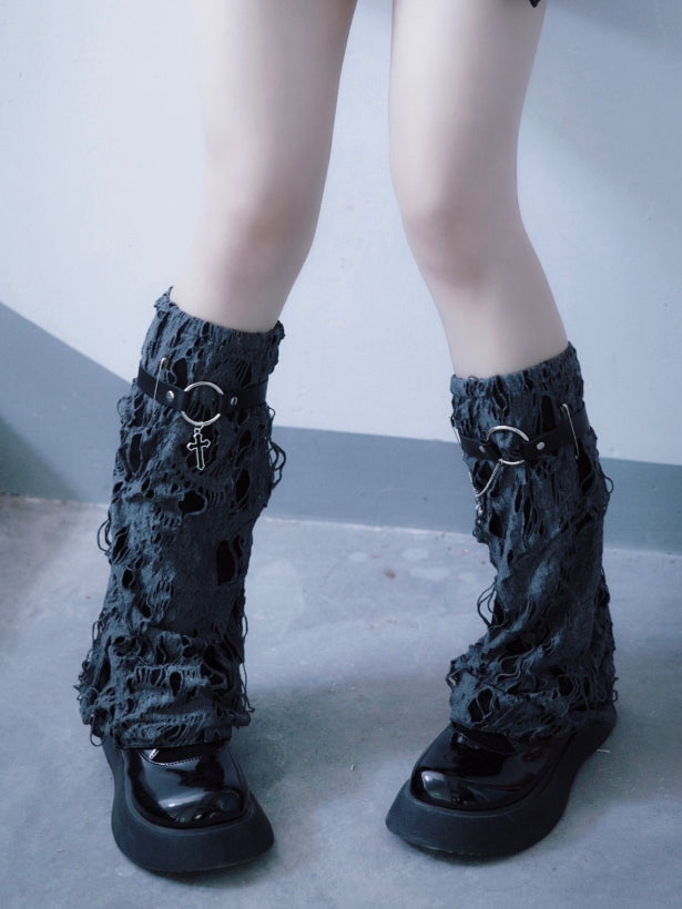 Cross Decorated Distressed Holes Dark Gray Gothic Leg Warmers