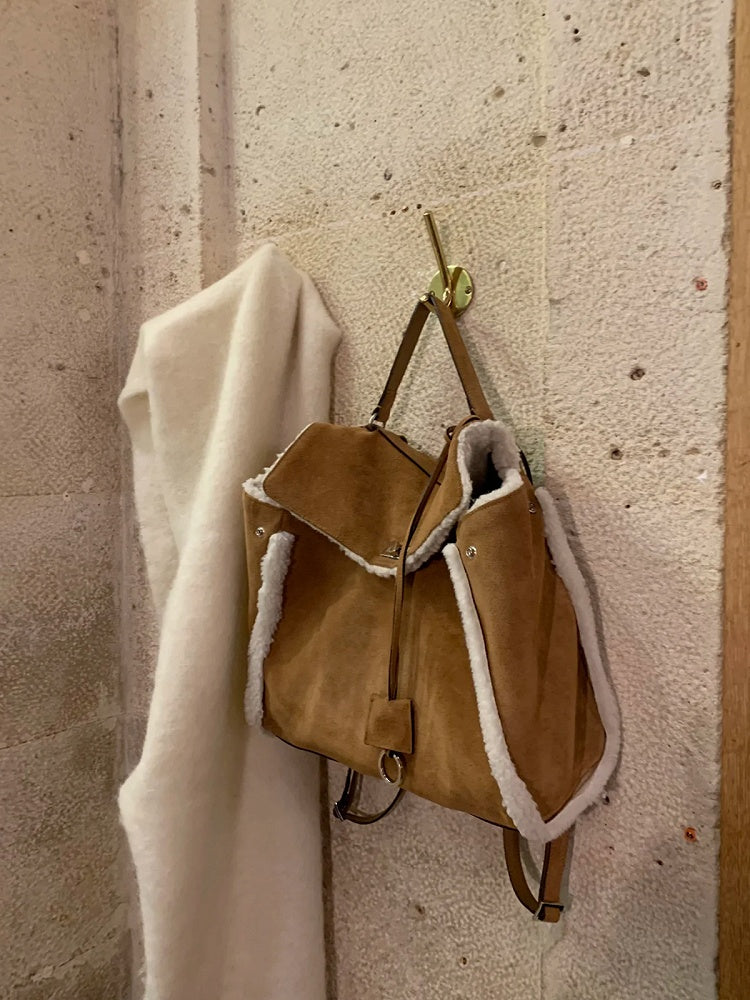 Vintage Brown Plush Patchwork Backpack - Perfect for Fall and Winter