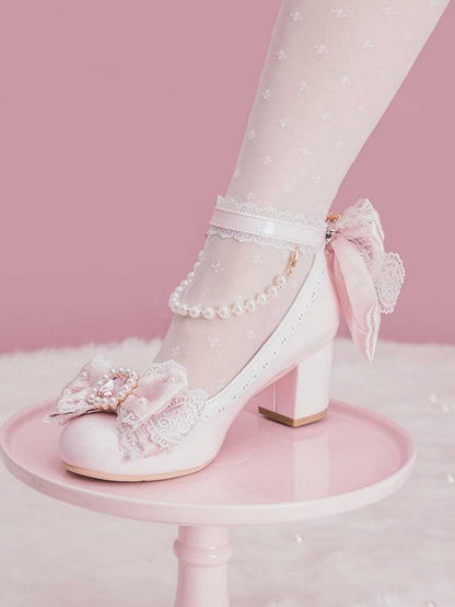 Pink Beaded And Rhinestone Decorated Bow at Top Lace Trim Mary Janes With Detachable Beaded Chain