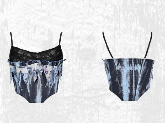 Grunge Punk Rock Fairy Style Blue Lace Cowl Neckline Boned Corset Tie Dye Cami Top