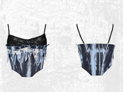 Grunge Punk Rock Fairy Style Blue Lace Cowl Neckline Boned Corset Tie Dye Cami Top