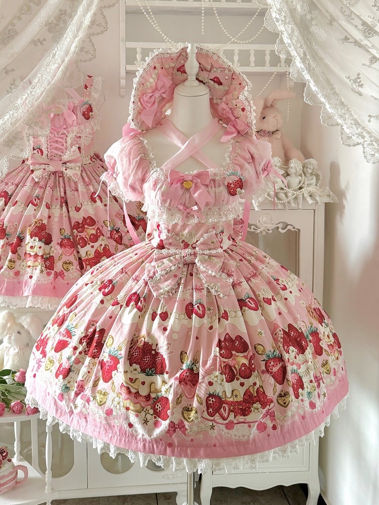 Strawberry Cake Print Pink Sweet Lolita Short Sleeves Dress