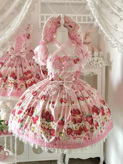 Strawberry Cake Print Pink Sweet Lolita Short Sleeves Dress