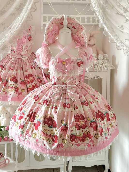 Strawberry Cake Print Pink Sweet Lolita Short Sleeves Dress