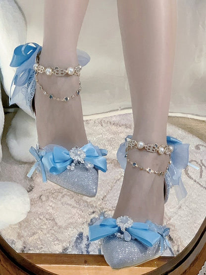 Blue Glittering Bow Accent Pointed Toe 5CM/8CM Hime Lolita Heels
