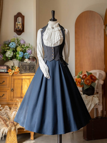 Dark Gray Under Bust Striped Waistcoat with Lapel Collar