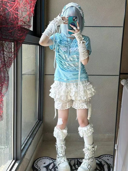 Light Blue Double-layer Skeleton Print Hollowed-out Punk T-shirt